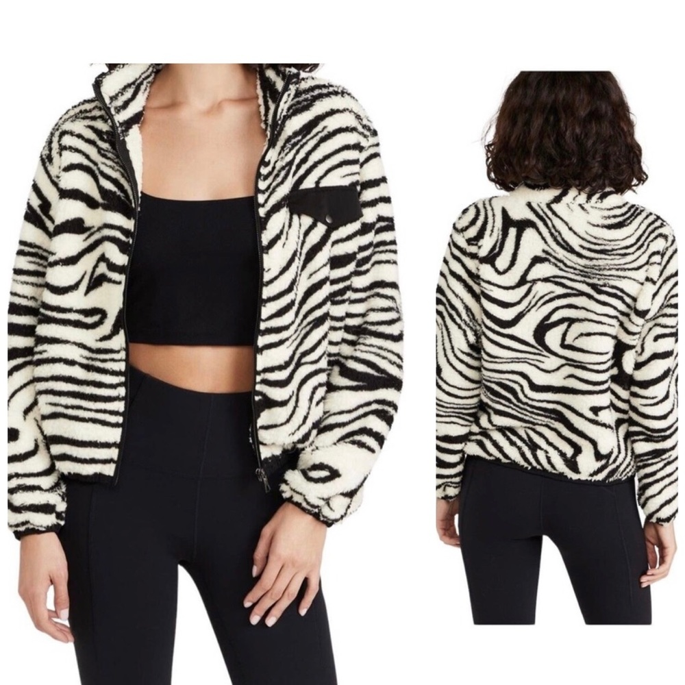 NWT Revolve X Plush Apparel Zebra Sherpa Fleece Zip Up Jacket Cozy Soft